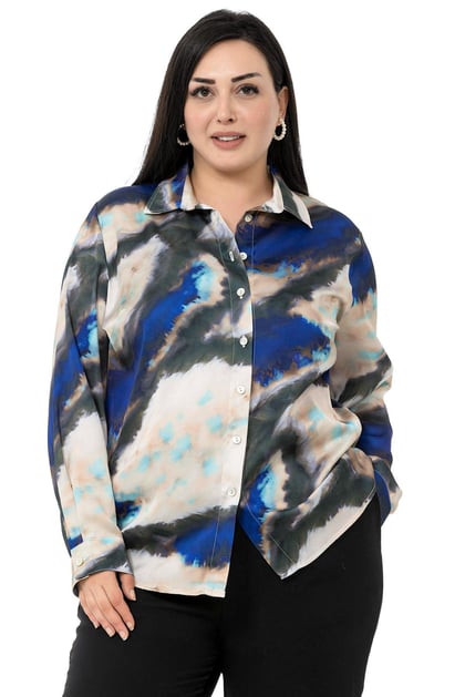 Büyük Beden Batik Desenli Saten Lacivert Gömlek