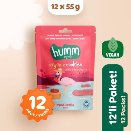 Organik Vegan Çilekli Kurabiye Atıştırmalık Paketi 12 adet görseli.