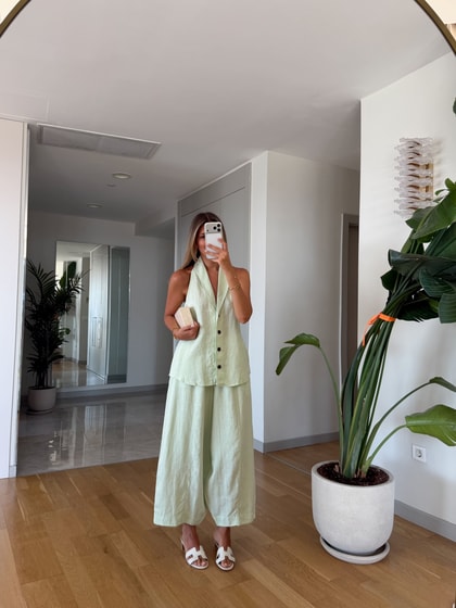 %100 Keten Yelek Pantolon Takım - Mint 