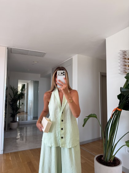 %100 Keten Yelek Pantolon Takım - Mint 