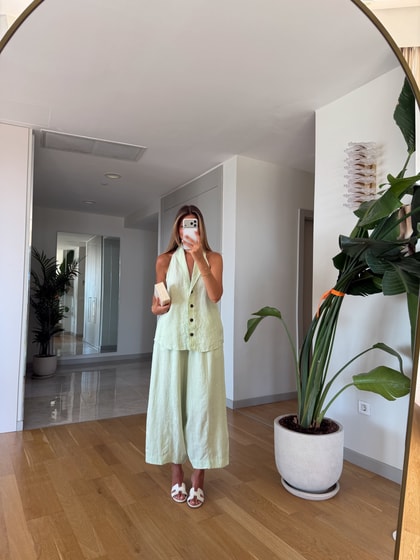 %100 Keten Yelek Pantolon Takım - Mint 
