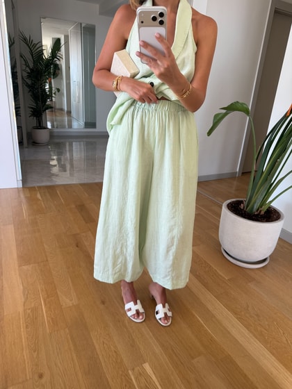 %100 Keten Yelek Pantolon Takım - Mint 
