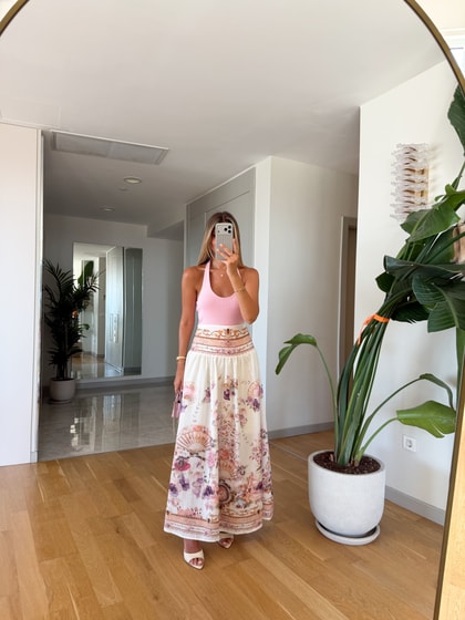 Amira Çiçek Desenli Maxi Etek - Ekru