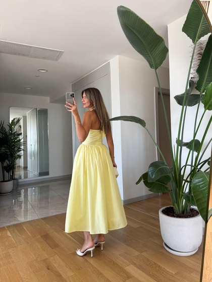 Amore Boyundan Bağlamalı Volanlı Midi Elbise - Sarı