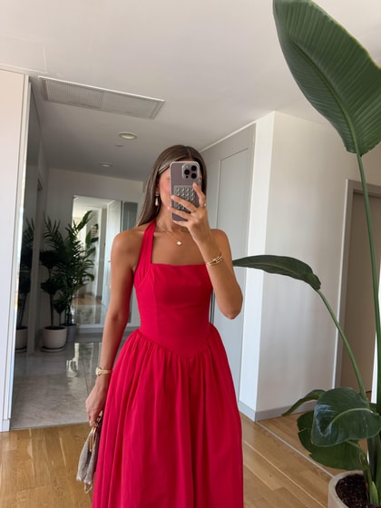 Amore Boyundan Bağlamalı Volanlı Midi Elbise -Kırmızı 