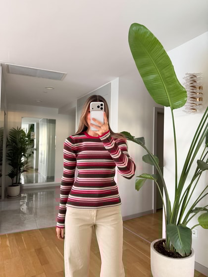 Andre Çizgili Triko - Koyu Fuşya Haki