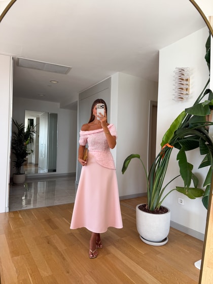 Aplikeli Kombinasyonlu Elbise - Pembe