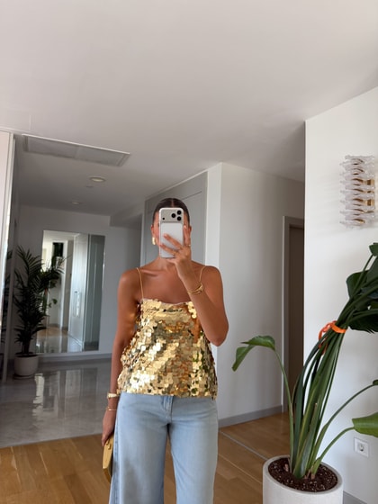 Askılı Payetli Bluz - Gold