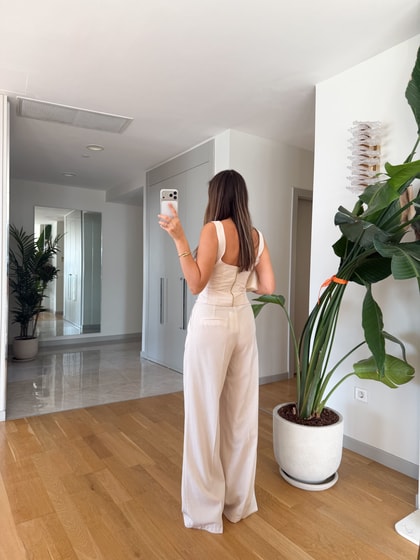 Bağcıklı  Korse Bluz Pantolon Takım - Ekru
