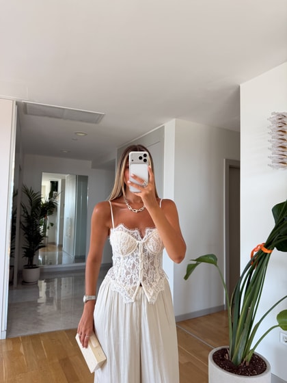 Balenli Dantelli Korse Bluz - Beyaz