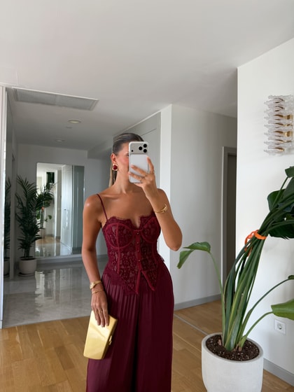 Balenli Dantelli Korse Bluz - Bordo