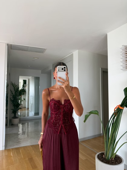 Balenli Dantelli Korse Bluz - Bordo