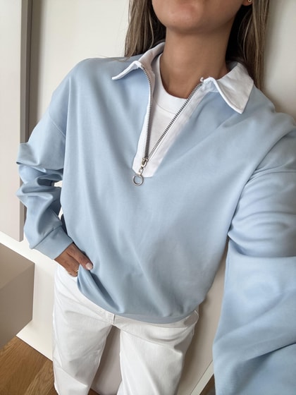 Beyaz Yakalı Fermuarlı Sweatshirt - Mavi