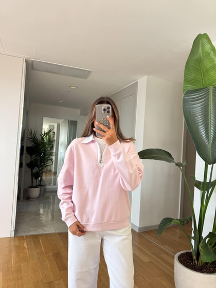 Beyaz Yakalı Fermuarlı Sweatshirt - Pembe