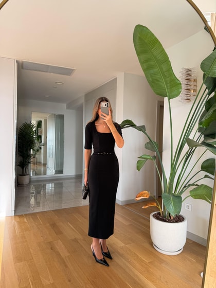 Bianca Kare Yaka Kemerli Midi Elbise - Siyah