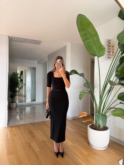 Bianca Kare Yaka Kemerli Midi Elbise - Siyah