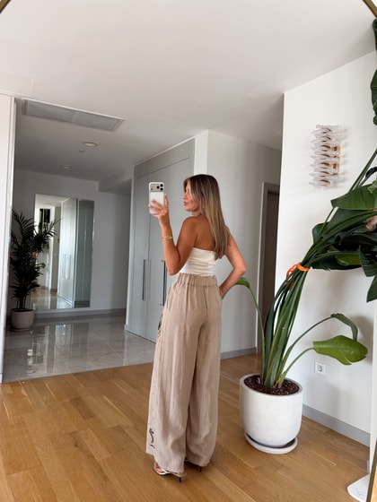 Boncuk İşlemeli Tencel Pantolon - Bej