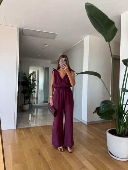 Bordo Geniş Paçalı V Yaka Tulum 
