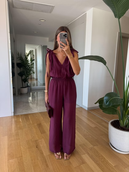 Bordo Geniş Paçalı V Yaka Tulum 