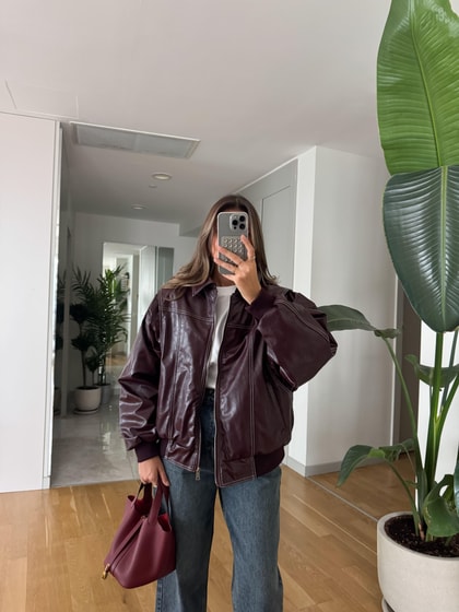 Bordo Kontrast Dikişli Deri Ceket