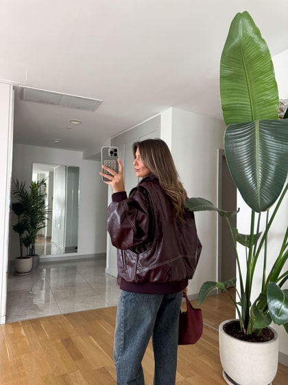 Bordo Kontrast Dikişli Deri Ceket