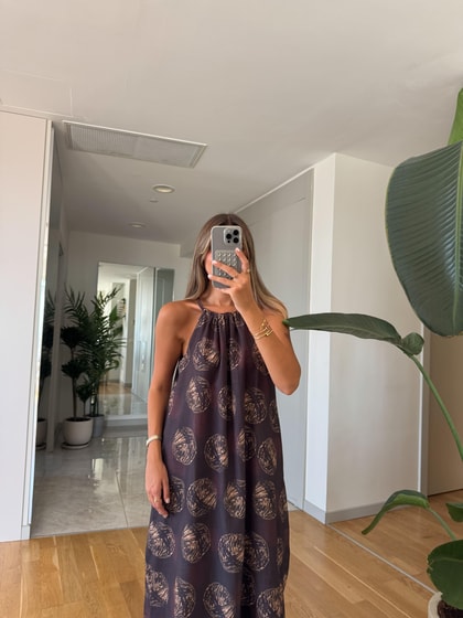 Brown Desenli Halter Yaka Elbise