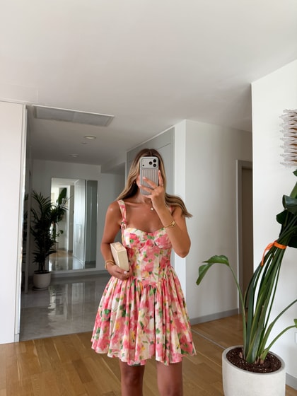 Çiçek Desenli Askılı Mini Elbise - Pembe