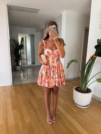 Çiçek Desenli Askılı Mini Elbise - Pembe