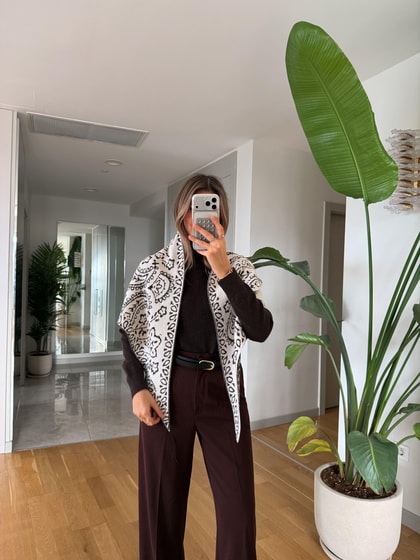 Çift Taraflı  Desenli Triko Şal - Kahve Ekru