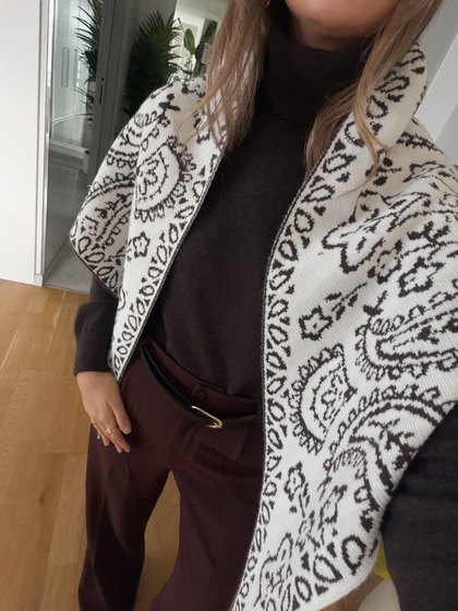 Çift Taraflı  Desenli Triko Şal - Kahve Ekru