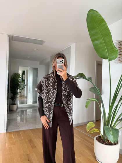 Çift Taraflı  Desenli Triko Şal - Kahve Ekru