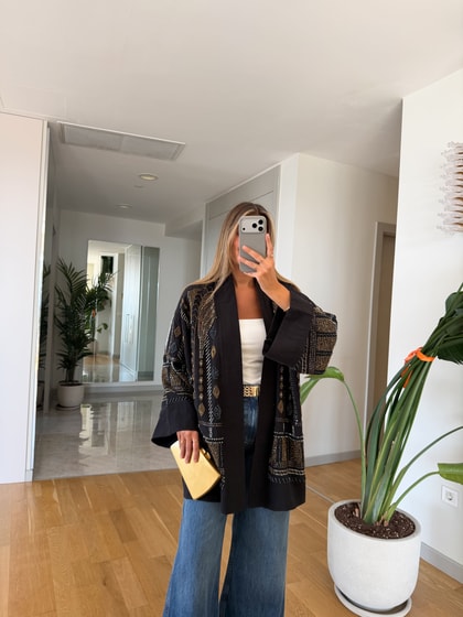 Daly Boncuk İşlemeli Kimono - Siyah