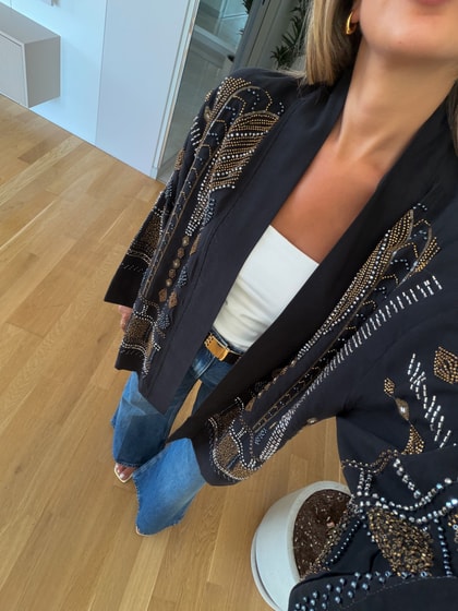 Daly Boncuk İşlemeli Kimono - Siyah