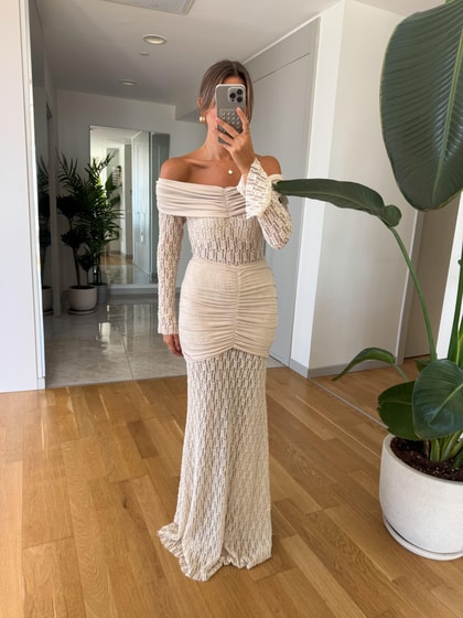 Dantel Detaylı Maxi Drapeli Elbise - Ekru