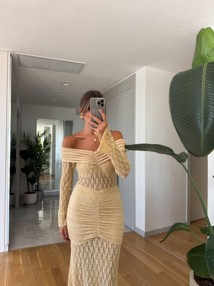 Dantel Detaylı Maxi Drapeli Elbise - Sarı