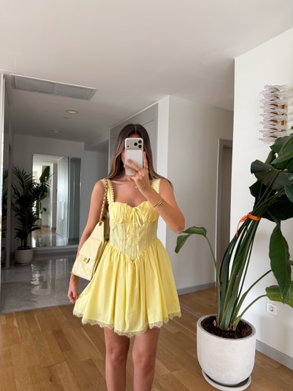 Dantel Detaylı  Mini Askılı Elbise - Sarı
