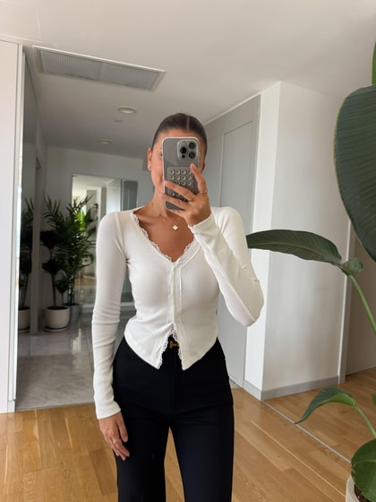 Dantel Geçişli Basic Bluz - Ekru