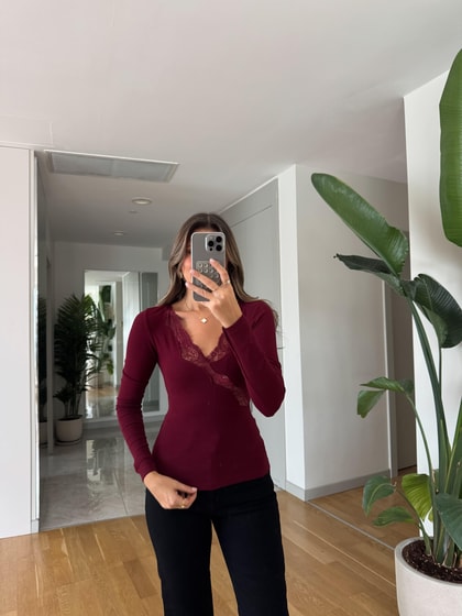 Dantel Geçişli Bluz - Bordo