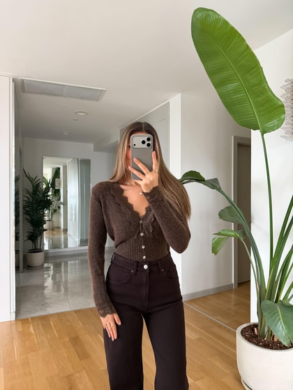 Diana Dantelli İnce Dokulu Hırka - Kahve