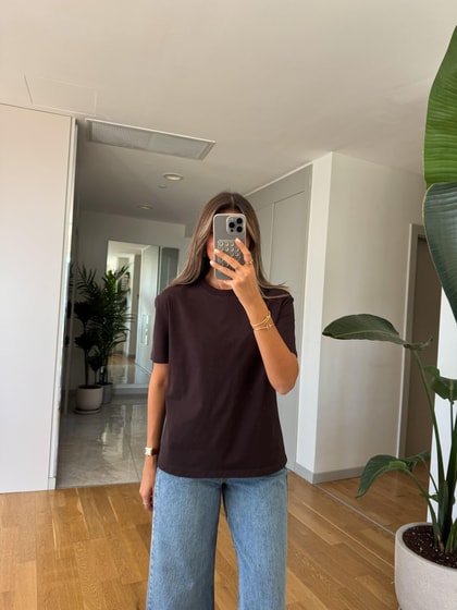 Dilvin Dekoratif Dikişli Bisiklet Yaka Tişört-Koyu Kahve