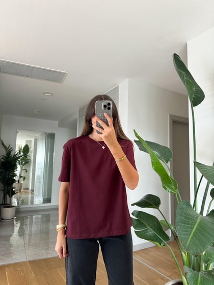 Dilvin Dekoratif Dikişli Bisiklet Yaka Tişört- Bordo 