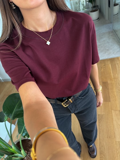 Dilvin Dekoratif Dikişli Bisiklet Yaka Tişört- Bordo 