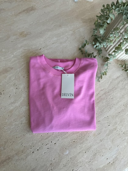 Dilvin Dekoratif Dikişli Bisiklet Yaka Tişört-Pembe 