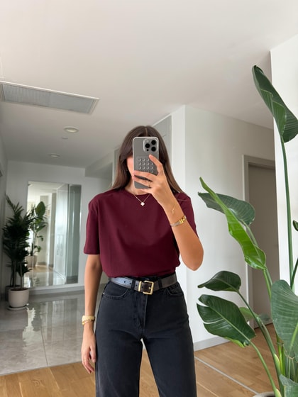 Dilvin Dekoratif Dikişli Bisiklet Yaka Tişört- Bordo 