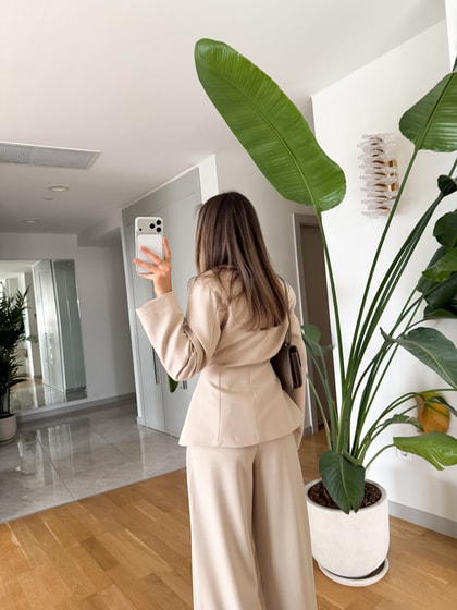 Drape Detaylı Blazer Takım - Bej