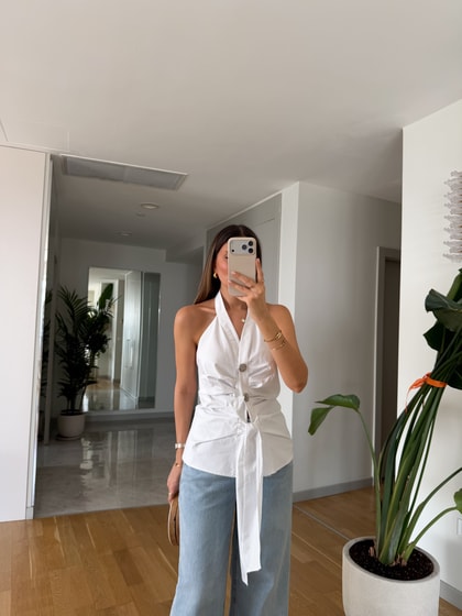 Drapeli Poplin Bluz - Beyaz 