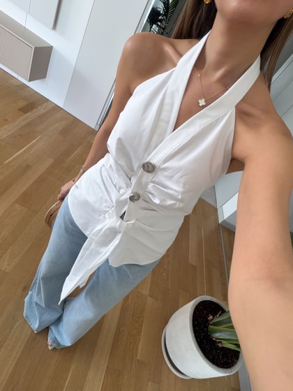 Drapeli Poplin Bluz - Beyaz 