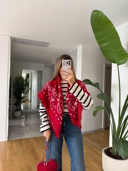 Etnik Desenli Triko Şal - Kırmızı