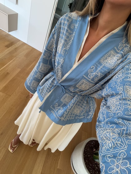 Etnik Nakışlı Kuşaklı Kimono - Mavi 