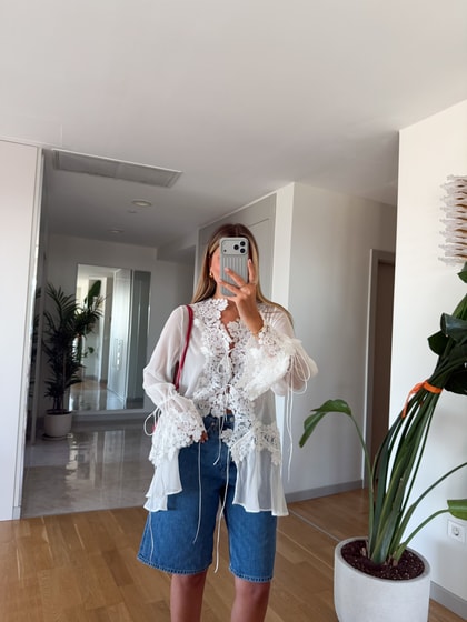 Eva Dantelli Şifon Bluz - Beyaz